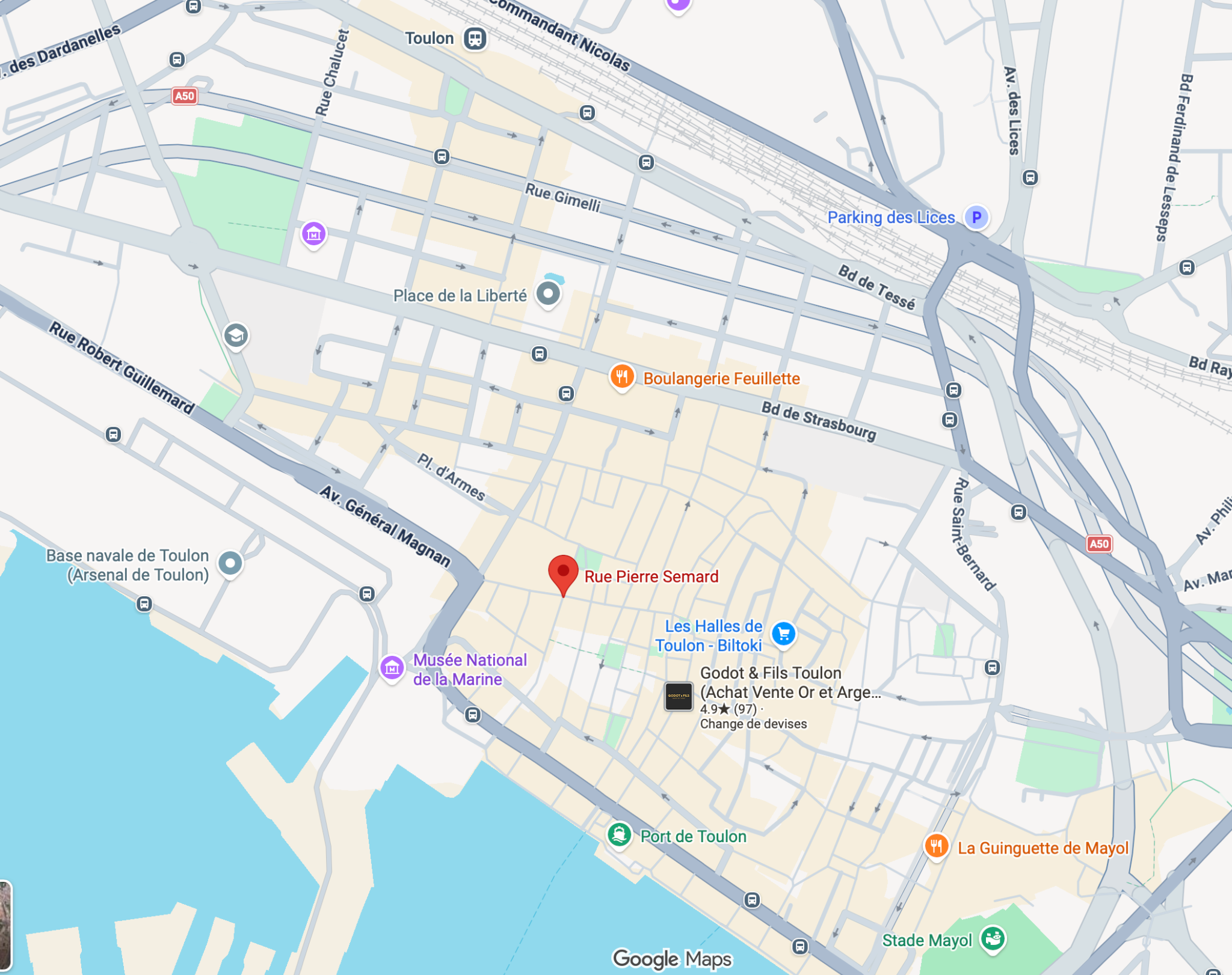 Plan Google Maps situant la rue Pierre-Sémard, la gare de Toulon, le port, le Musée National de la Marine et le Stade Mayol